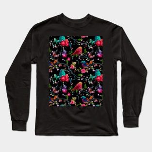 Birds, Butterflies And Flowers Pattern Long Sleeve T-Shirt